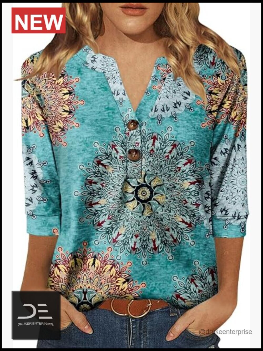3/4 Sleeve V-Neck Button Down Blouse Business Casual Tee